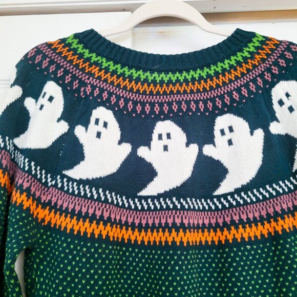 "You've Been Ghosted" Fair Isle Sweater Green Modcloth Size L Halloween - Picture 2 of 6